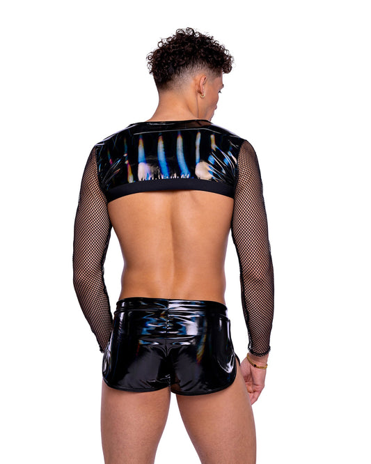 Roma Mens Rave Festival Vinyl with Iridescent Print Long Sleeved Fishnet Top.