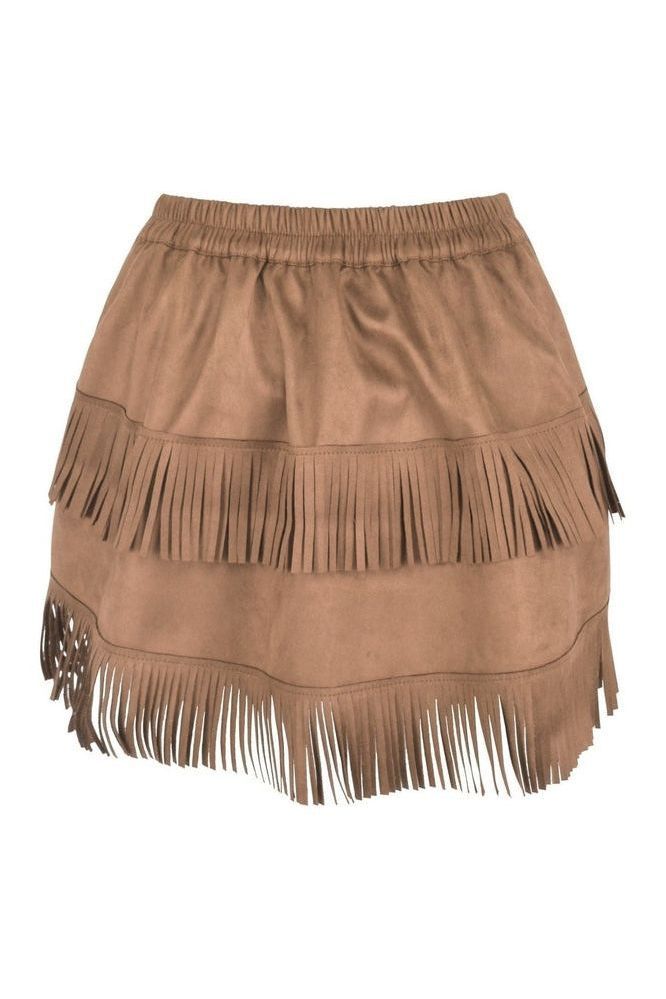 Tan Suede Ruched Bustle Skirt w/Fringe