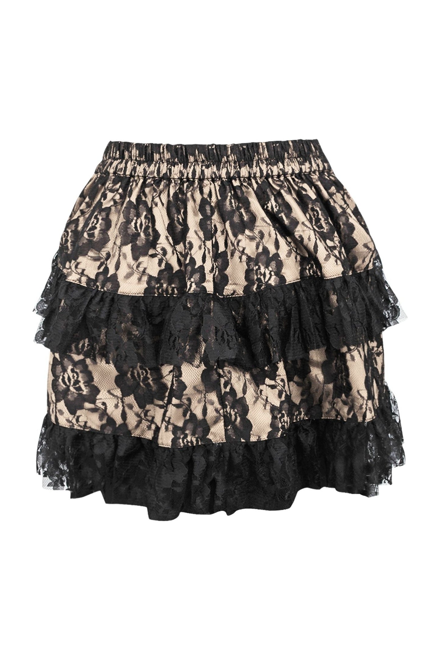 Tan/Black Lace Ruched Bustle Skirt.