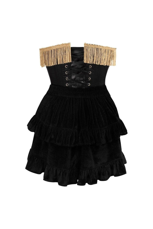 Top Drawer 2 PC Burlesque Black & Dark Red Steel Boned Corset w/Gold Fringe & Skirt Set.