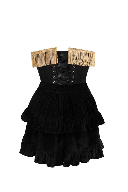 Top Drawer 2 PC Burlesque Black & Dark Red Steel Boned Corset w/Gold Fringe & Skirt Set