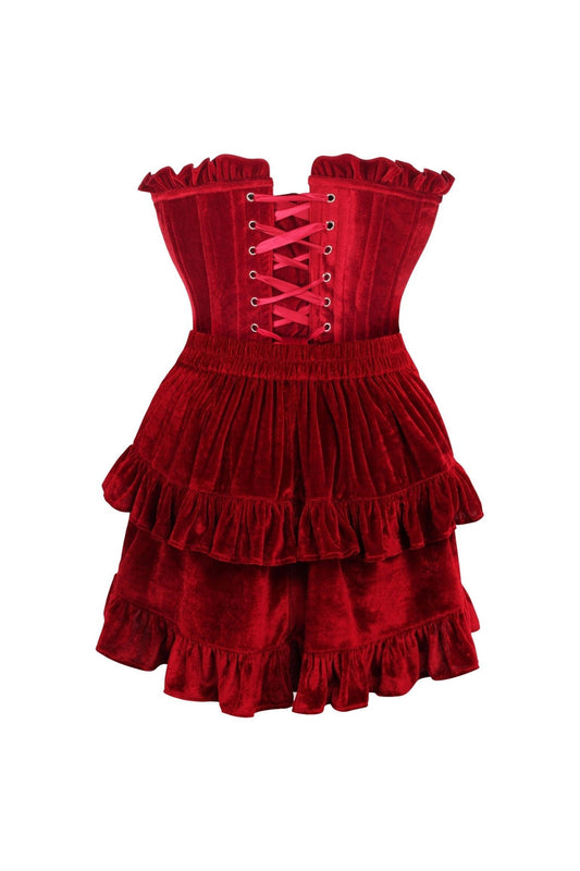 Top Drawer 2 PC Dark Red Velvet Lace-Up Corset & Skirt Set.