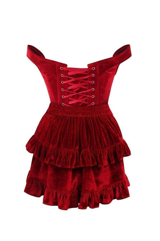 Top Drawer 2 PC Dark Red Velvet Steel Boned Corset & Skirt Set