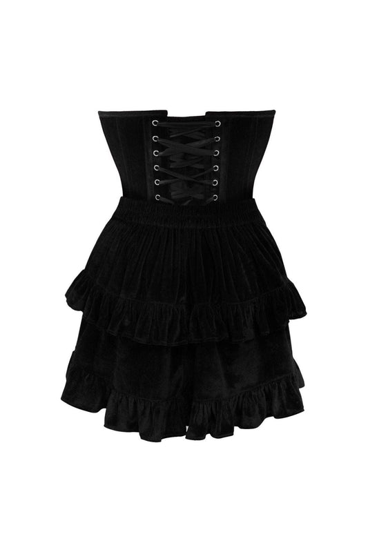 Top Drawer 2 PC Steel Boned Black Velvet Plunge Corset & Skirt Set.
