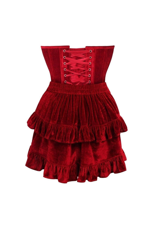 Top Drawer 2 PC Steel Boned Dark Red Velvet Plunge Corset & Skirt Set.