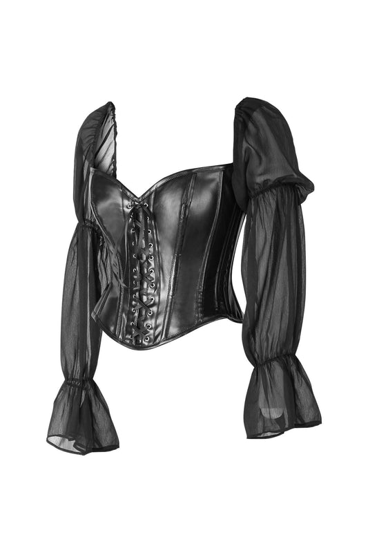 Top Drawer Black Faux Leather Steel Boned Corset w/Sleeves.