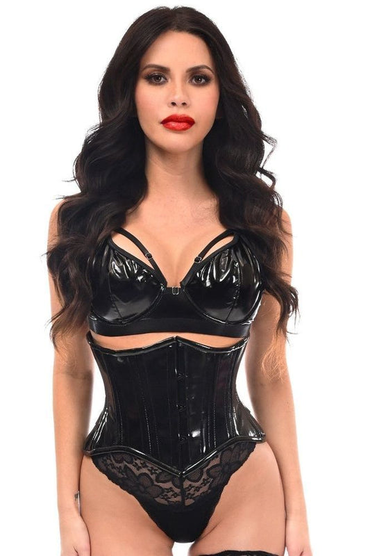 Top Drawer Black Patent PVC Vinyl Double Steel Boned Curvy Cut Waist Cincher