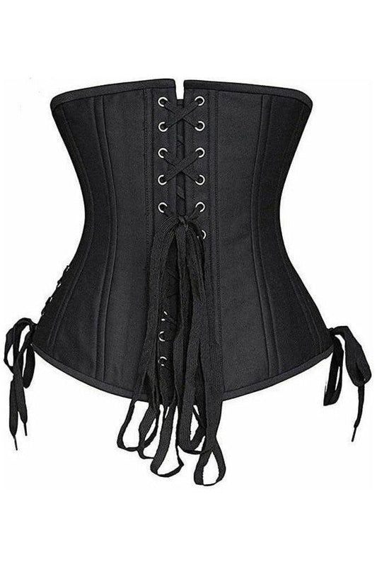 Top Drawer Black Satin Double Steel Boned Curvy Cut Waist Cincher Corset w/Lace-Up Sides
