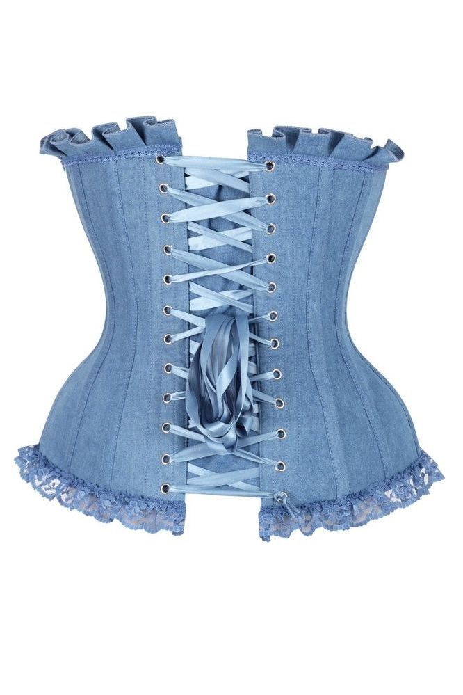 Top Drawer Blue Denim Underwire Steel Boned Burlesque Corset w/Bows