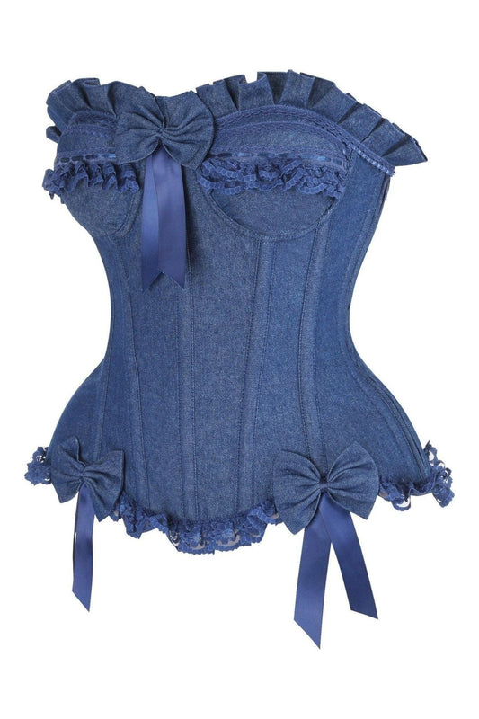 Top Drawer Dark Blue Denim Underwire Steel Boned Burlesque Corset w/Bows.