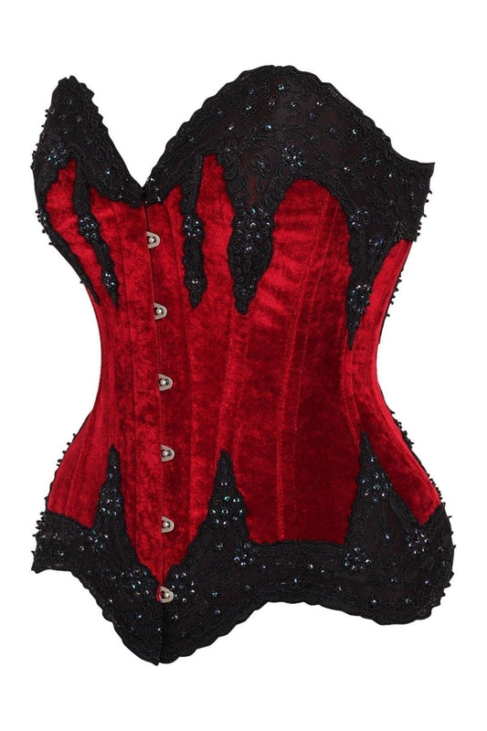 Top Drawer Dark Red Velvet & Beaded Steel Boned Overbust Corset.