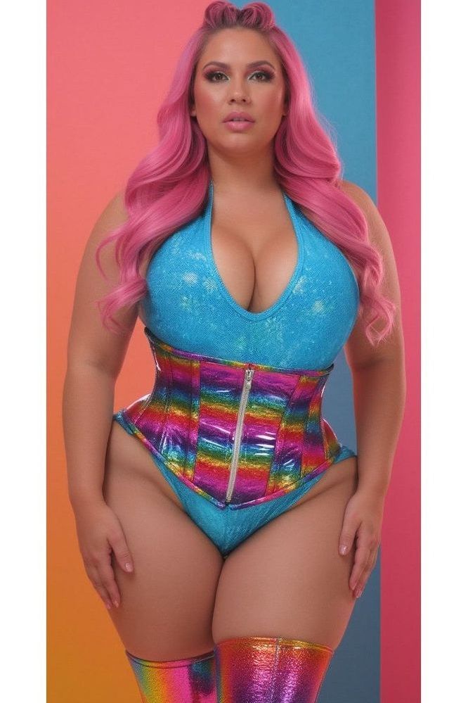 Top Drawer Rainbow Glitter Holo Steel Boned Mid Under Bust Corset