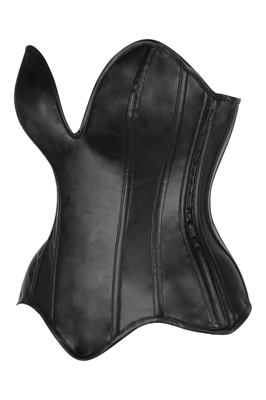 Top Drawer Steel Boned Black Faux Leather Plunge Neckline Overbust Corset.