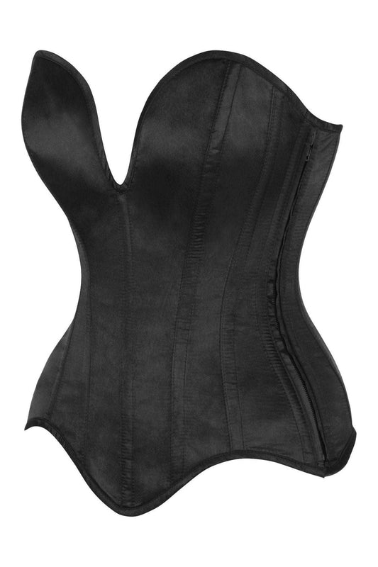 Top Drawer Steel Boned Black Satin Plunge Neckline Overbust Corset.