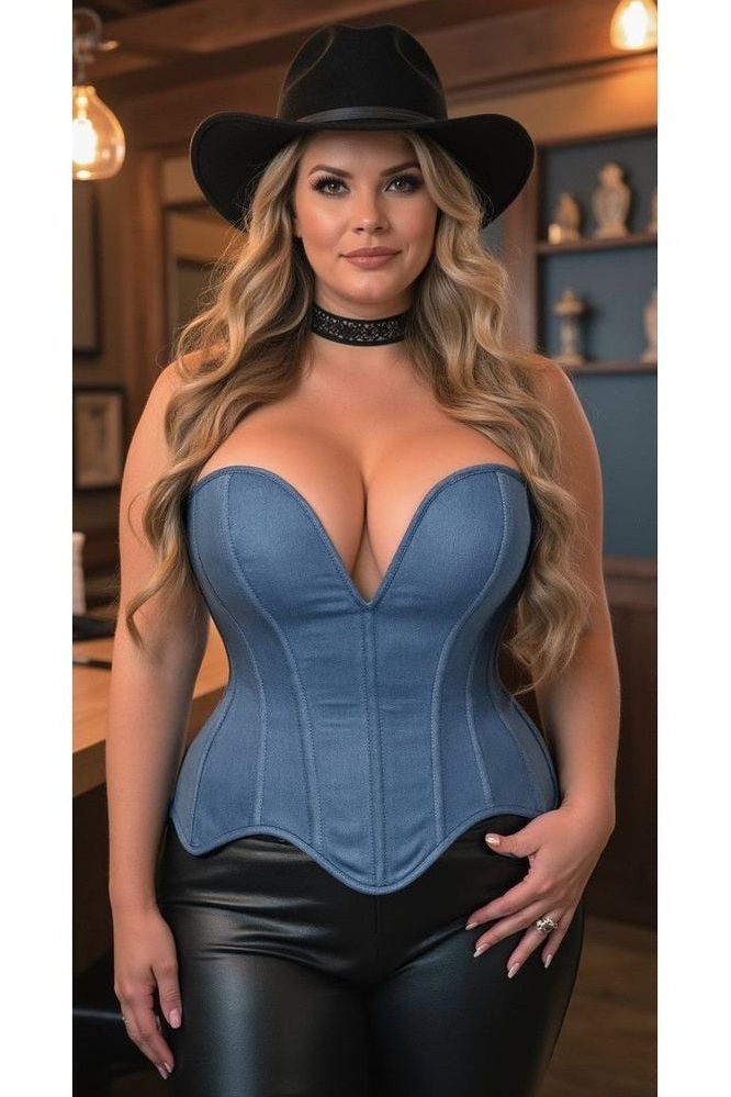 Top Drawer Steel Boned Blue Denim Plunge Neckline Overbust Corset