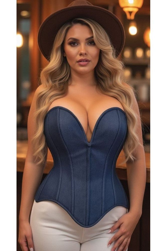 Top Drawer Steel Boned Dark Blue Denim Plunge Neckline Overbust Corset