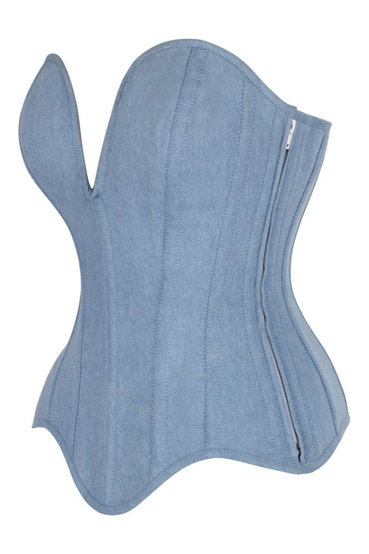 Top Drawer Steel Boned Light Blue Denim Plunge Neckline Overbust Corset.