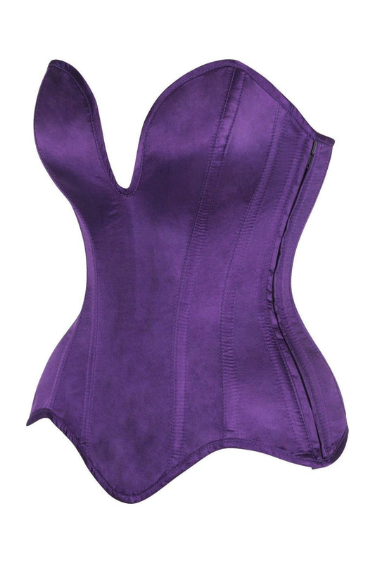 Top Drawer Steel Boned Plum Satin Plunge Neckline Overbust Corset.