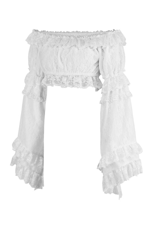 White Lace Smocked Flare Sleeve Peasant Top.