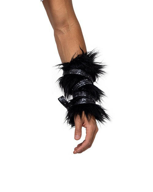 Roma Pair of Black Faux Fur Cuffs - Costume Accessory.