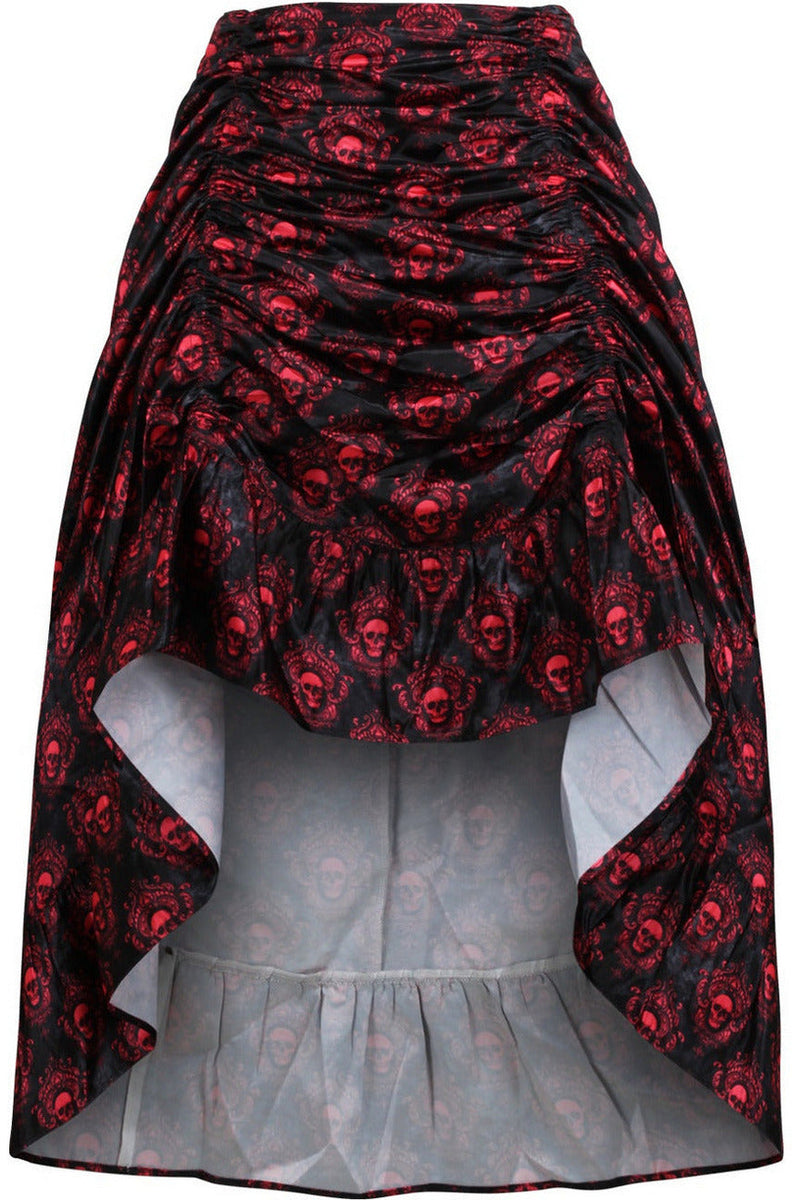 Red & Black Skull Satin Adjustable High Low Skirt-Daisy Corsets