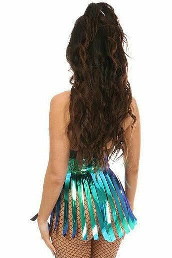 Teal Blue Fringe Dance Skirt with Holographic Accents.