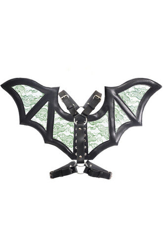 Black/Green Faux Leather & Lace Wing Harness-Daisy Corsets