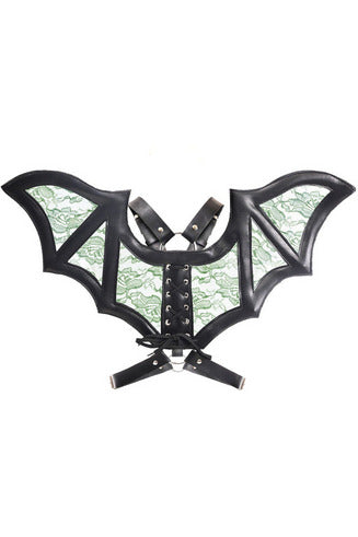 Black/Green Faux Leather & Lace Wing Harness-Daisy Corsets