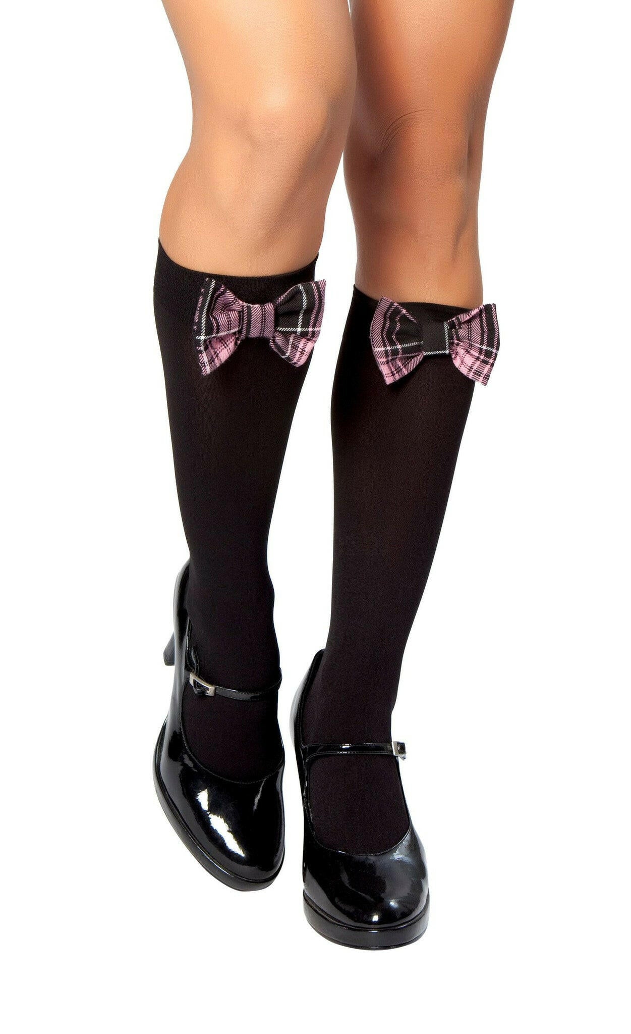 Roma Knee High Stockings w/Plaid Bows - Costume Accessory.