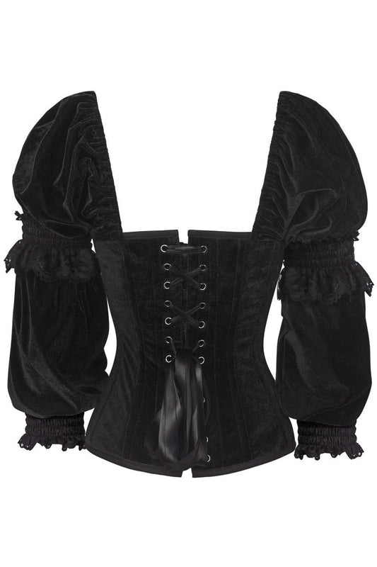 Top Drawer Black Velvet Steel Boned Long Sleeve Corset.