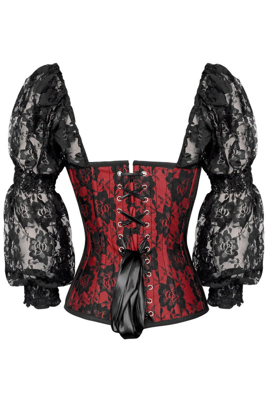 Top Drawer Red w/Black Lace Steel Boned Long Sleeve Corset.