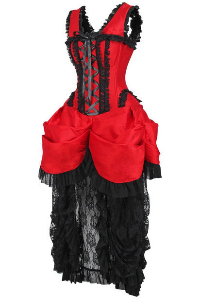 Top Drawer Steel Boned Red/Black Lace Victorian Bustle Corset Dress.