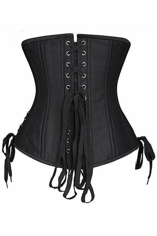 Top Drawer Black Satin Double Steel Boned Curvy Cut Waist Cincher Corset w/Lace-Up Sides.