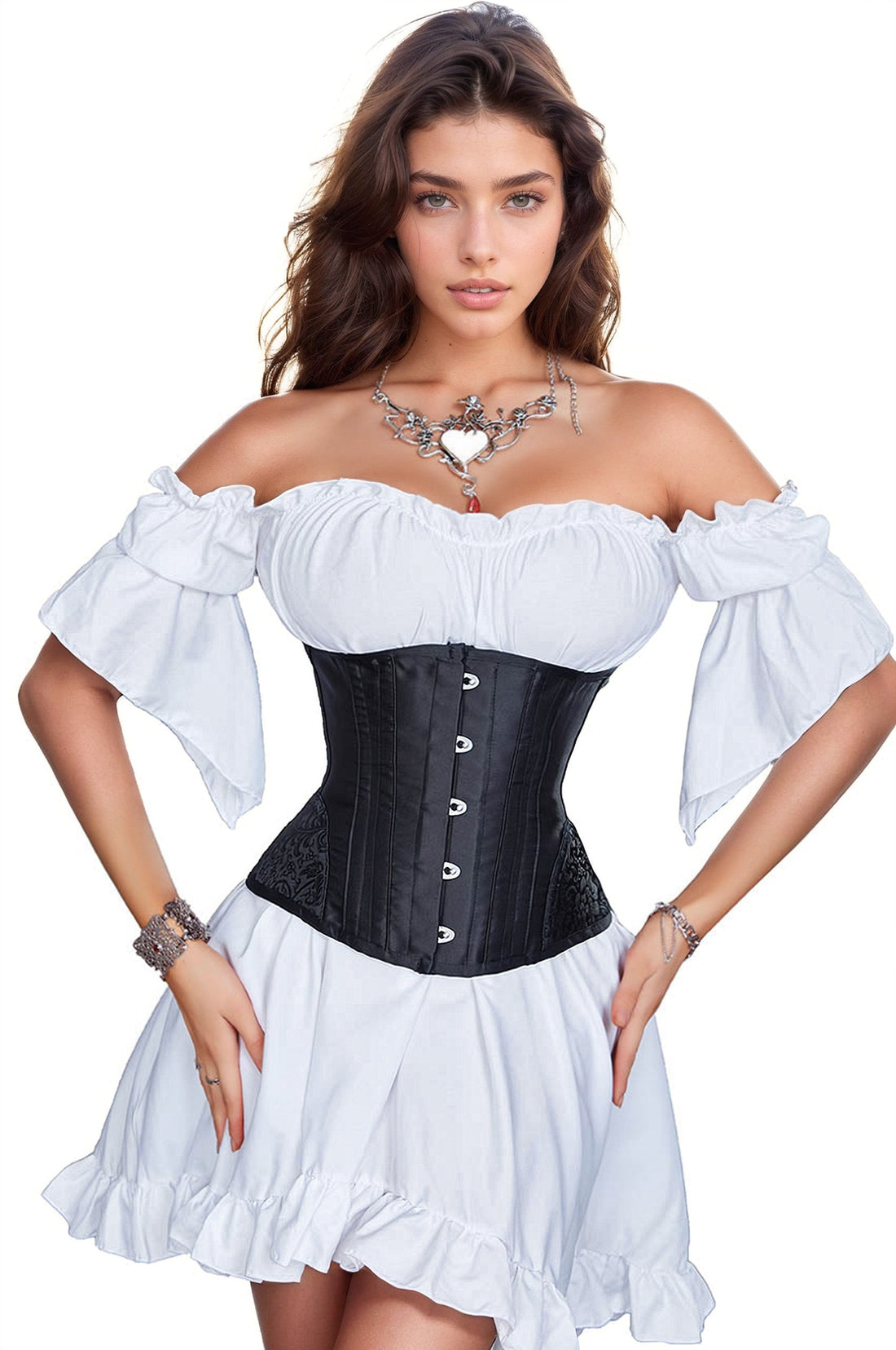 Black steel bone waist cincher corset styled as outerwear over a white off-shoulder dress