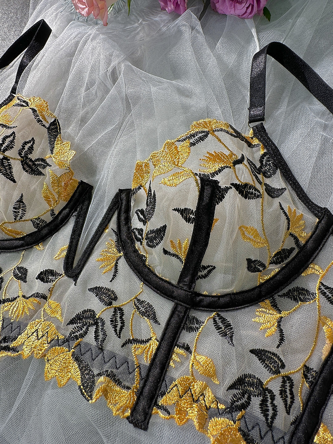 Black Embroidered Corset & Panty Lingerie Set.