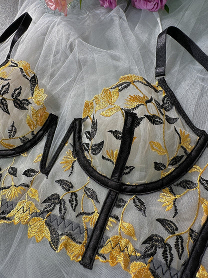 Black Embroidered Corset & Panty Lingerie Set.