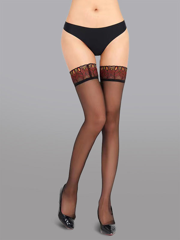 Sexy Peacock Lace Trim Thigh High Stockings.