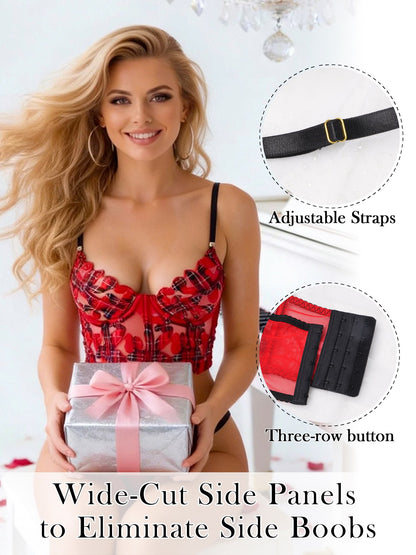 Red Tartan Flower Lingerie Set