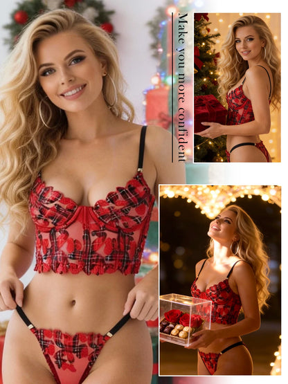 Red Tartan Flower Lingerie Set