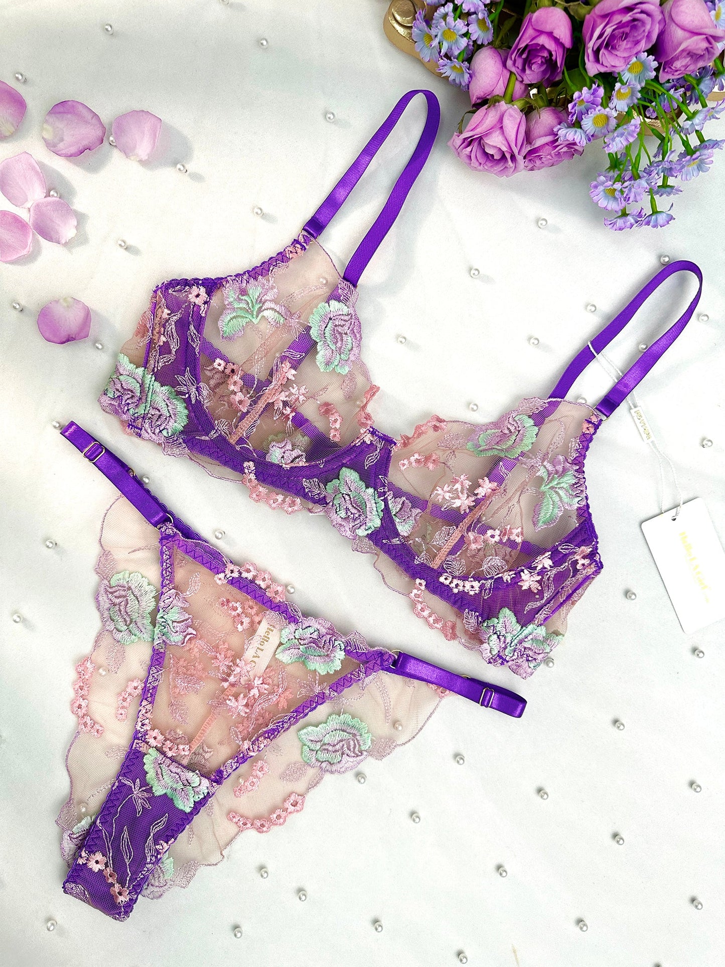 Purple Petal Embroidered Lingerie Set.