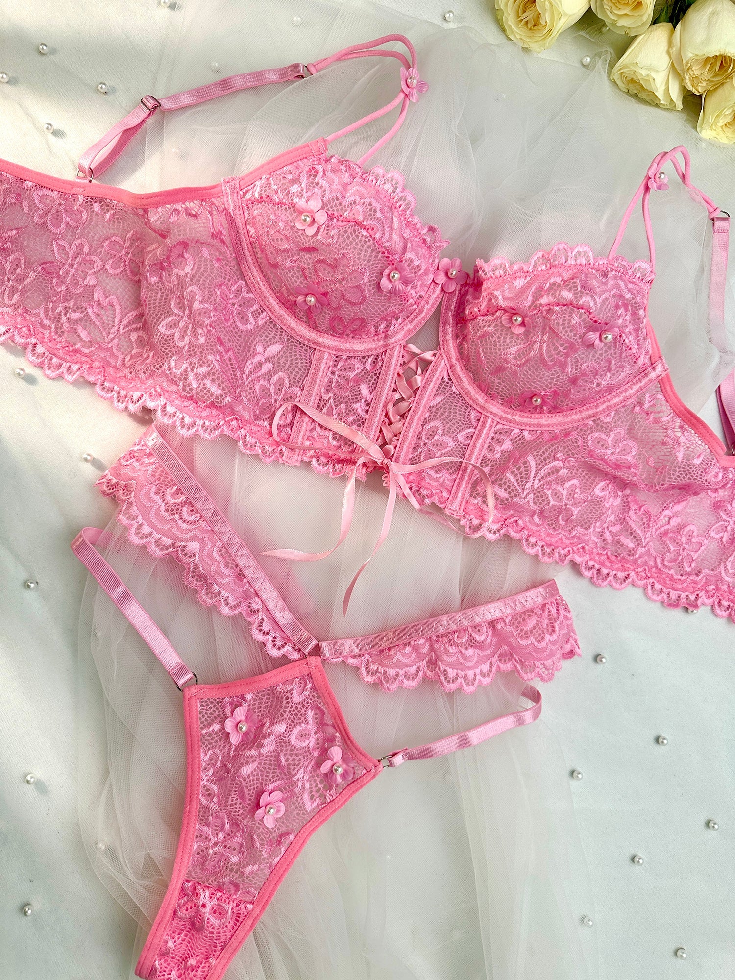 Pink Pearls Small Flower Lace Lingerie Set.