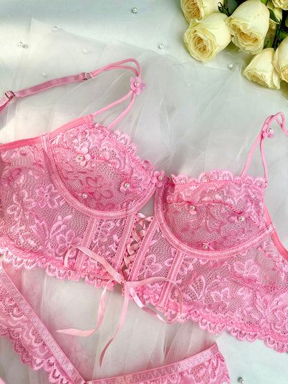 Pink Pearls Small Flower Lace Lingerie Set.