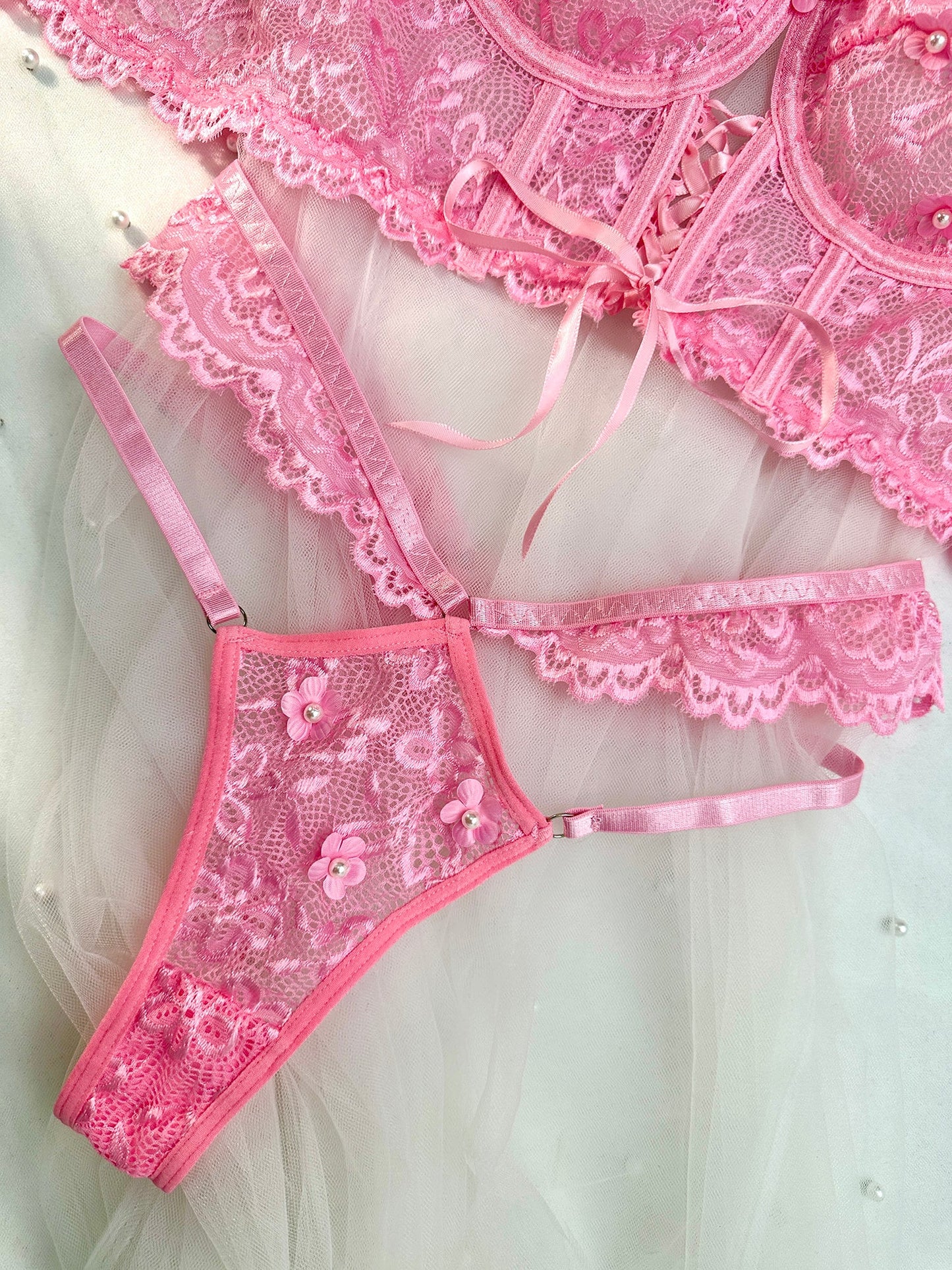 Pink Pearls Small Flower Lace Lingerie Set.