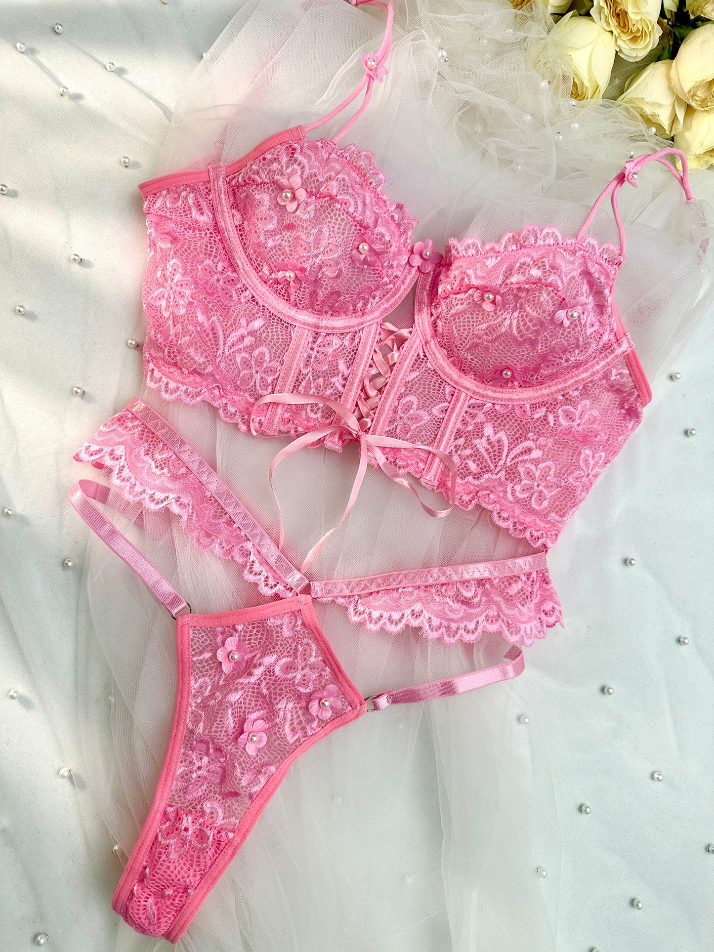 Pink Pearls Small Flower Lace Lingerie Set.