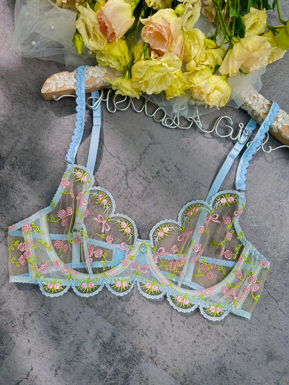 Light Blue Floral Lace Lingerie Set