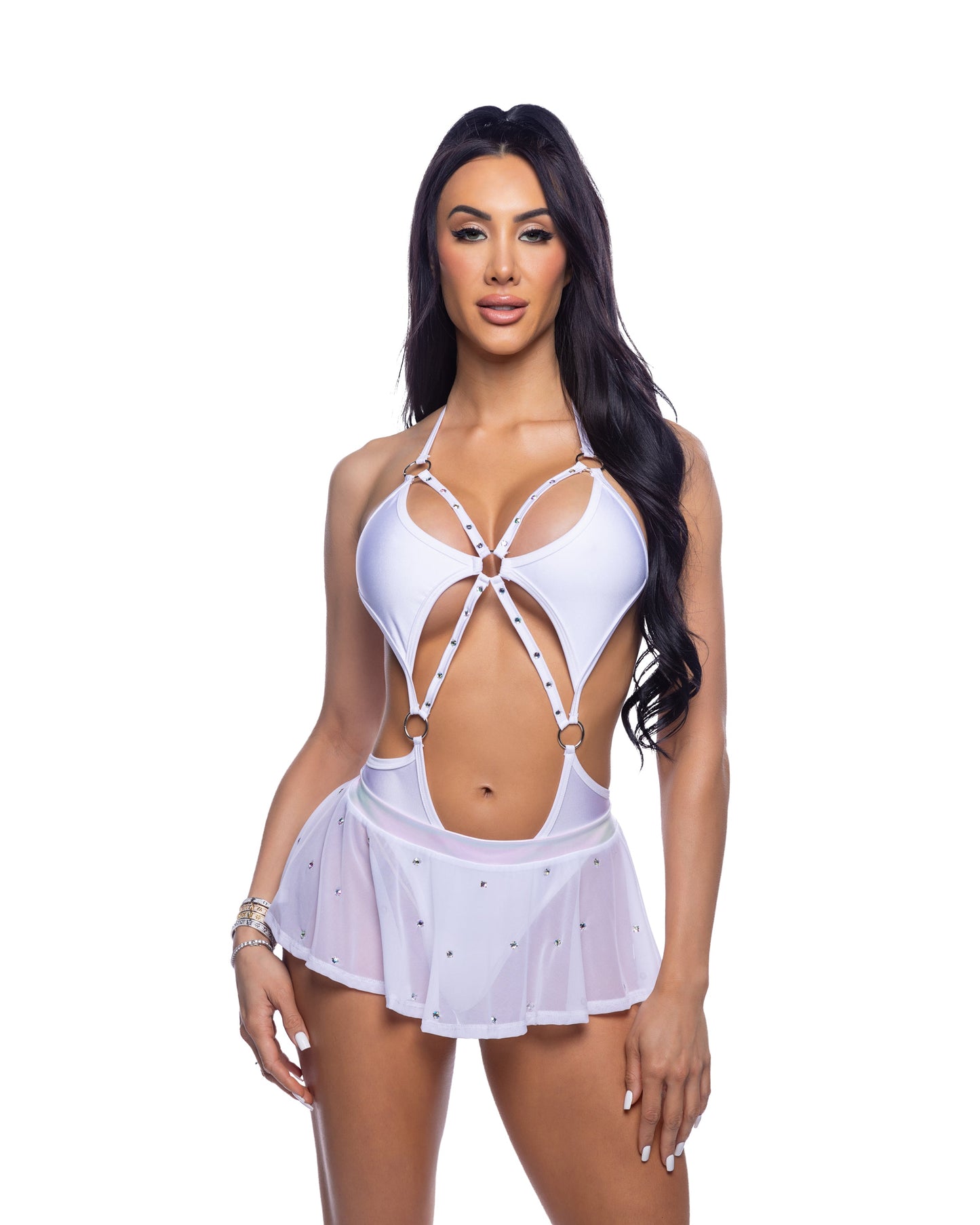 Roma Rave / Festival Bedazzled Mesh Mini Skirt with Rhinestone Detail