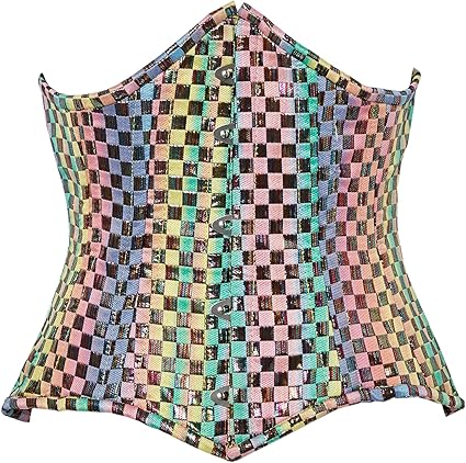 Top Drawer Steel Boned Rainbow Shimmer Checker Print Curvy Cut Waist Cincher Corset