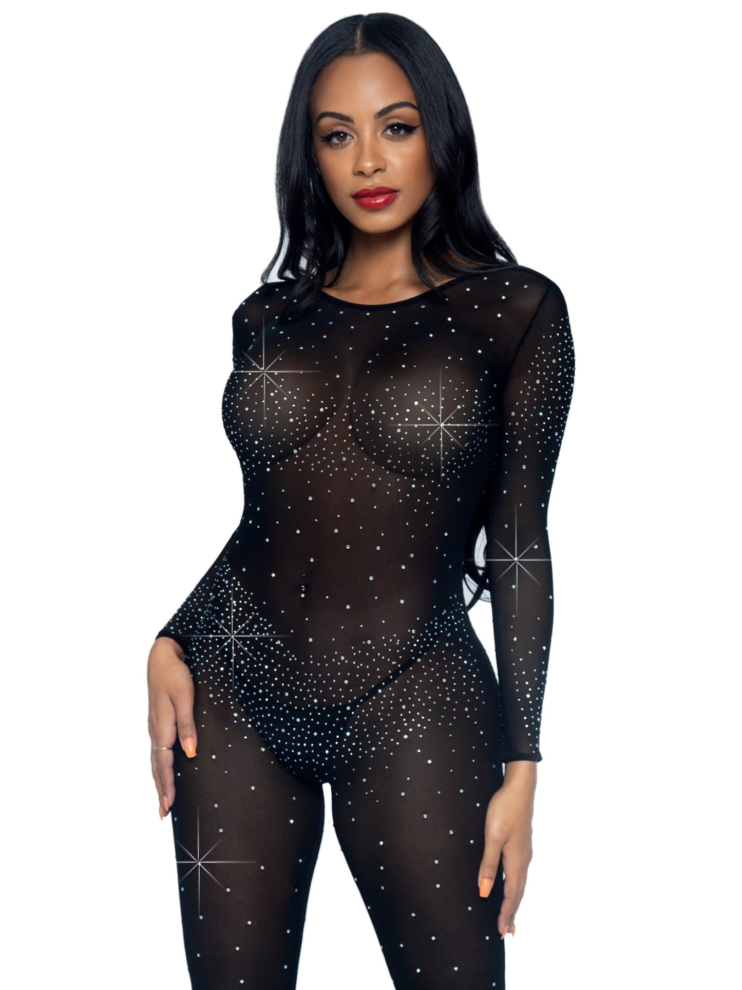 Sheer Rhinestone Long Sleeve Catsuit