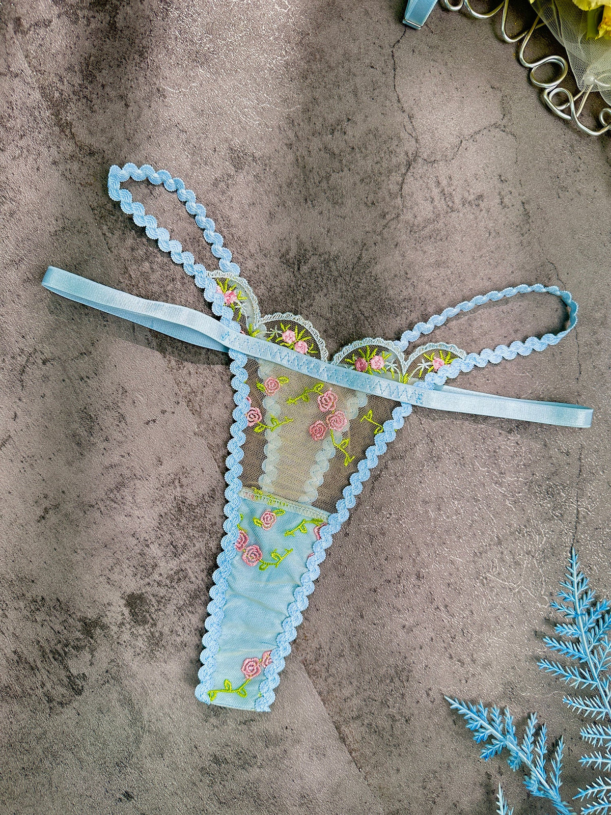 Light Blue Floral Lace Lingerie Set
