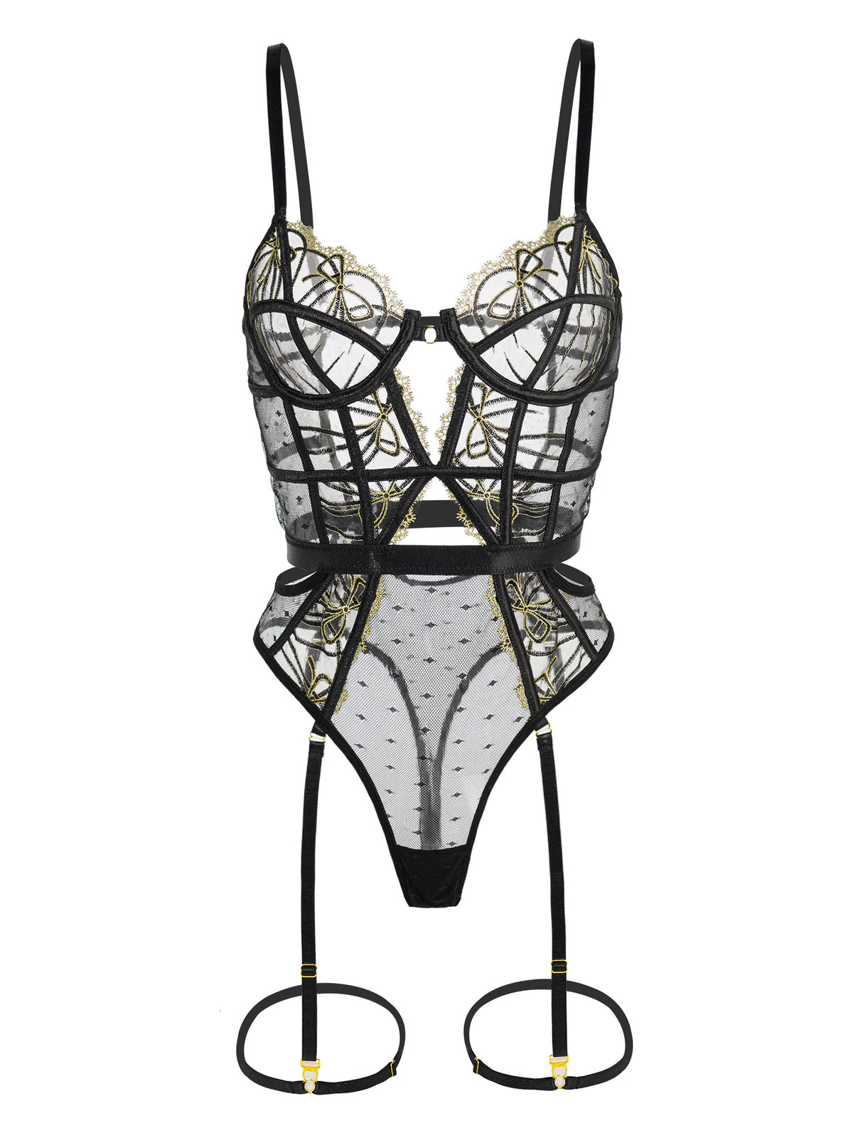 Black Gold-threaded Butterfly Bow Lace Bodysuit